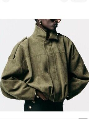 Zara Faux Suede Bomber Jacket In Green Size L